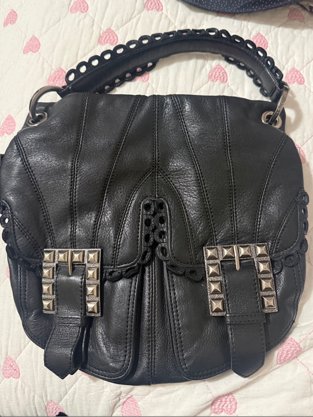 Betsey Johnson Black Leather Stud-Accent Shoulder Bag